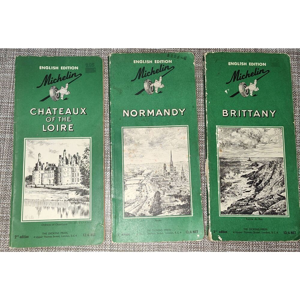 Lot of 3 Vintage Michelin Green Guides: Chateaux of the Loire, Brittany, Normand